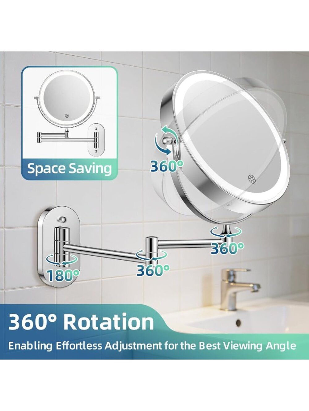 New 5000mAh Rechargeable Wall Mounted Lighted Makeup Mirror 1X30X - Picture 5 of 6